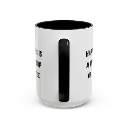 White ceramic coffee mug with "Happiness Is A Warm Cup Of Coffee" quote in black text on a plain background.