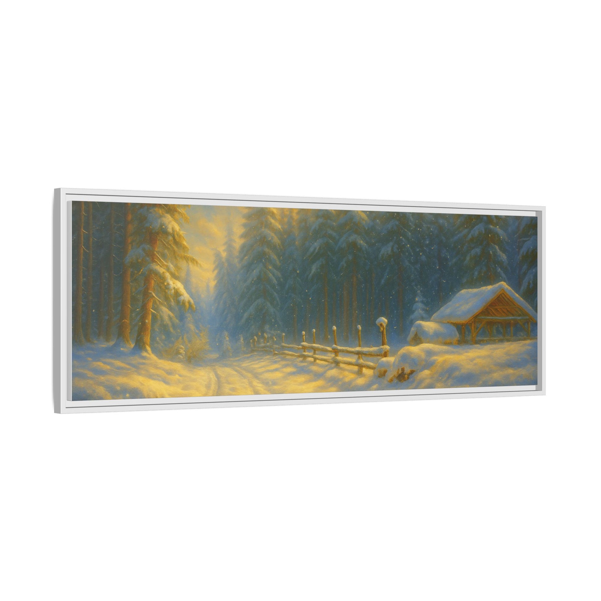 Framed winter cabin canvas print featuring a snowy forest sunset, wall art by Printify with a cozy winter landscape scene.