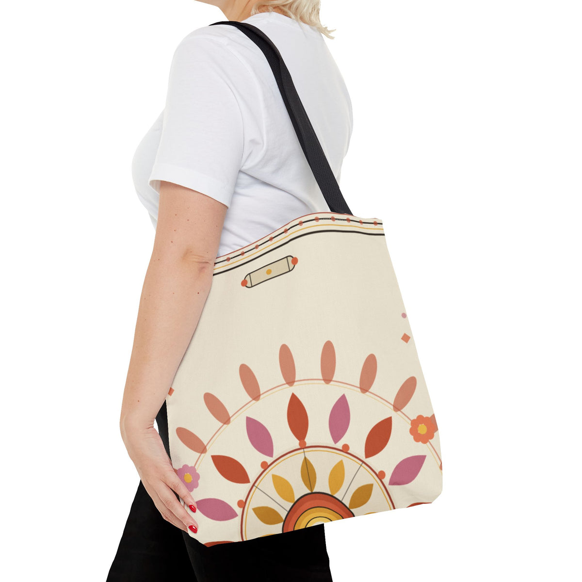 Boho floral mandala tote bag with pastel sunburst pattern, featuring vibrant bohemian design and spacious fabric for everyday use.