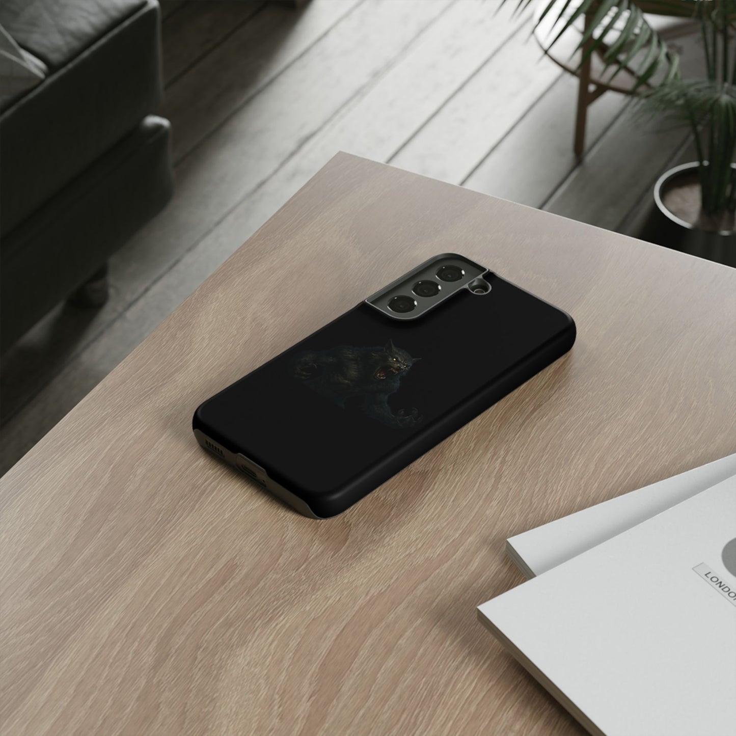 Werewolf phone case with dark monster graphic, durable protective design for smartphones by Printify.