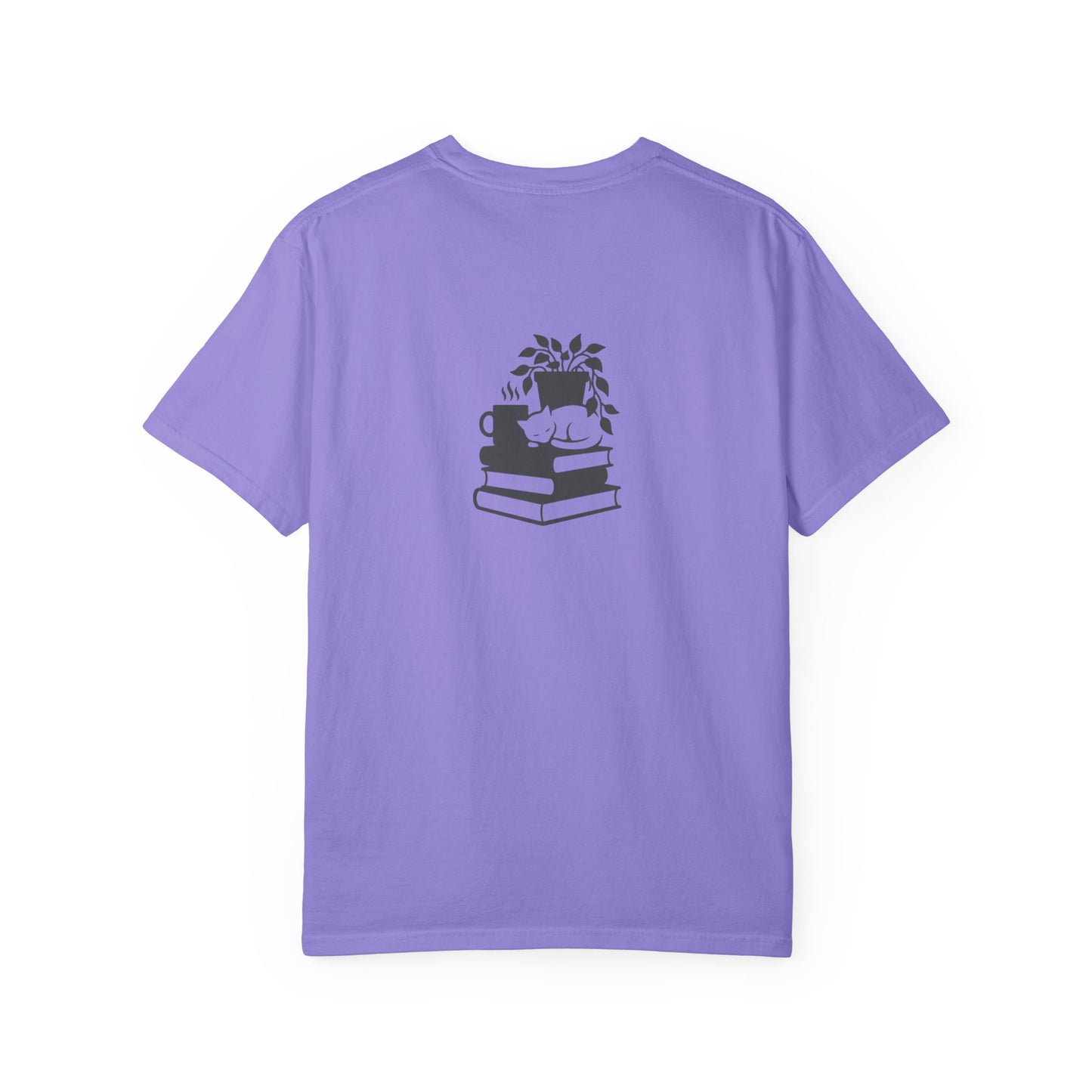 Cozy Cat on Books T-Shirt | Reading Tea Stack Illustration