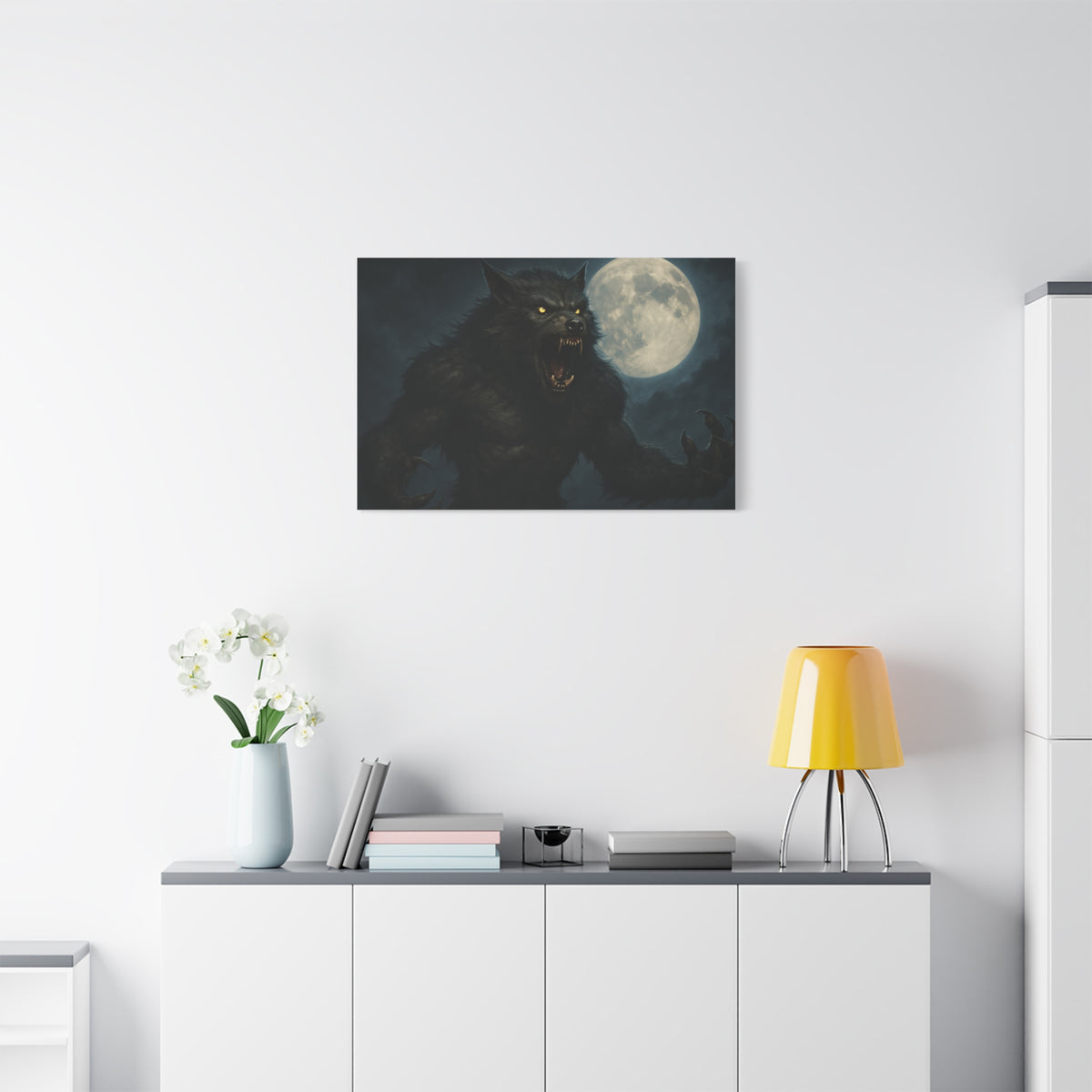 Werewolf Moon matte canvas print featuring a spooky full moon, wall art by Printify, perfect for Halloween or gothic decor.