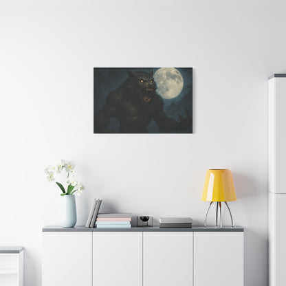 Werewolf Moon matte canvas print featuring a spooky full moon, wall art by Printify, perfect for Halloween or gothic decor.