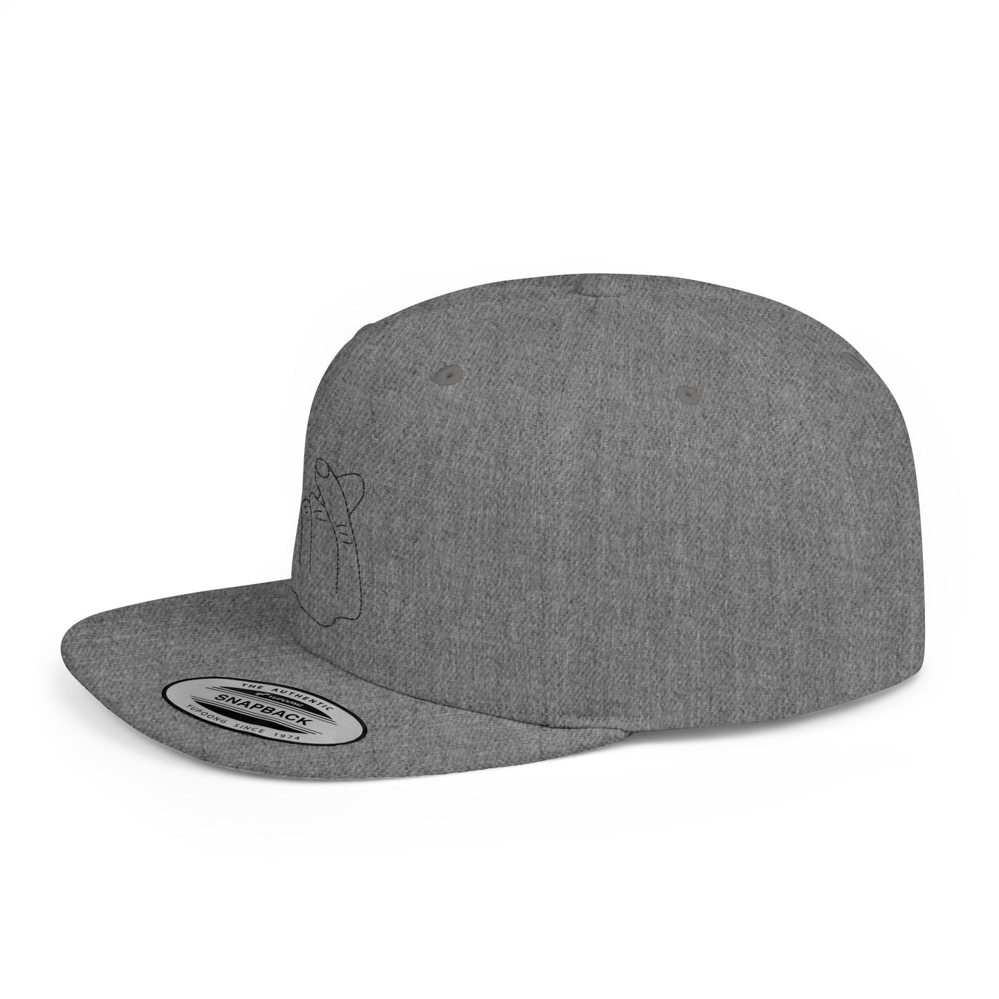 Minimalist hand gesture flat bill snapback hat by Printify, featuring a simple design and adjustable strap in a stylish hat style.
