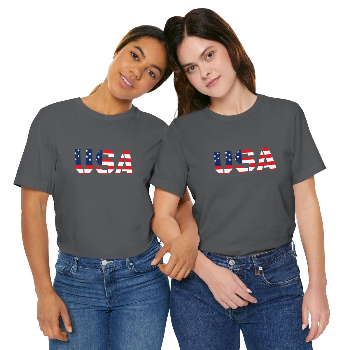 USA Flag Text T-Shirt by Printify featuring patriotic red, white, and blue colors and a bold American flag design on the front.