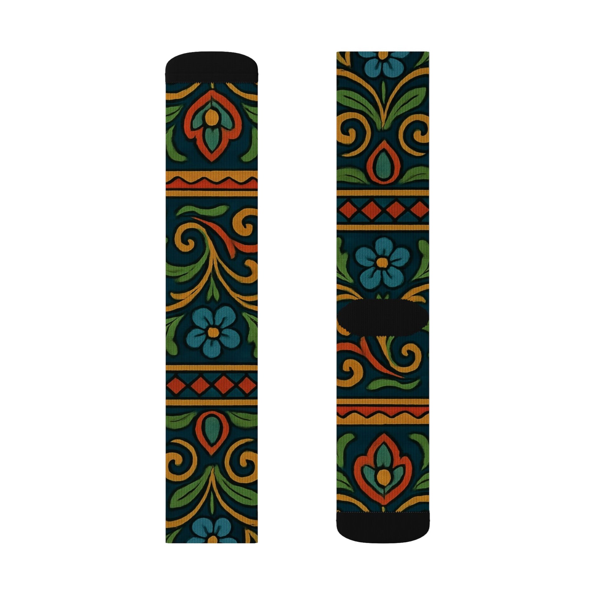 Victorian floral tile sublimation socks with all-over patterned print, crew length, by Printify.
