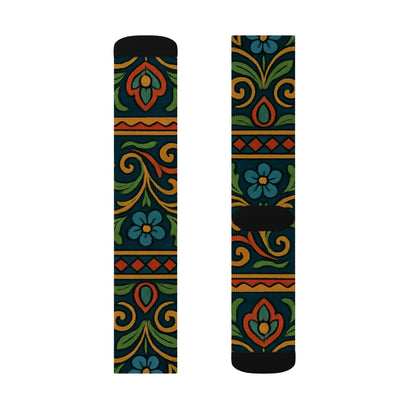 Victorian floral tile sublimation socks with all-over patterned print, crew length, by Printify.
