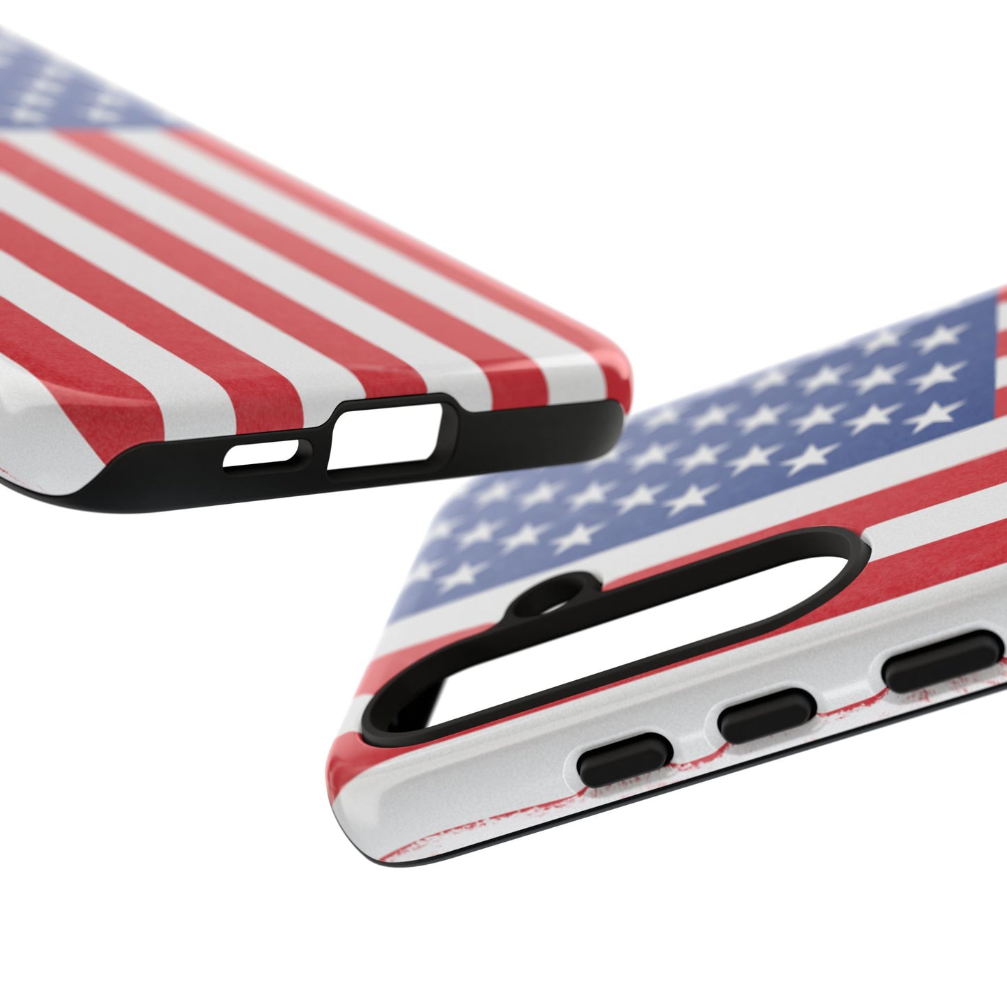 Durable American flag phone case for iPhone with patriotic design, made by Printify, featuring red, white, and blue flag pattern.