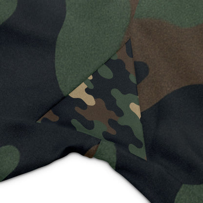 Olive green camouflage high-waist women's workout shorts with all-over camo print, activewear by Printify.