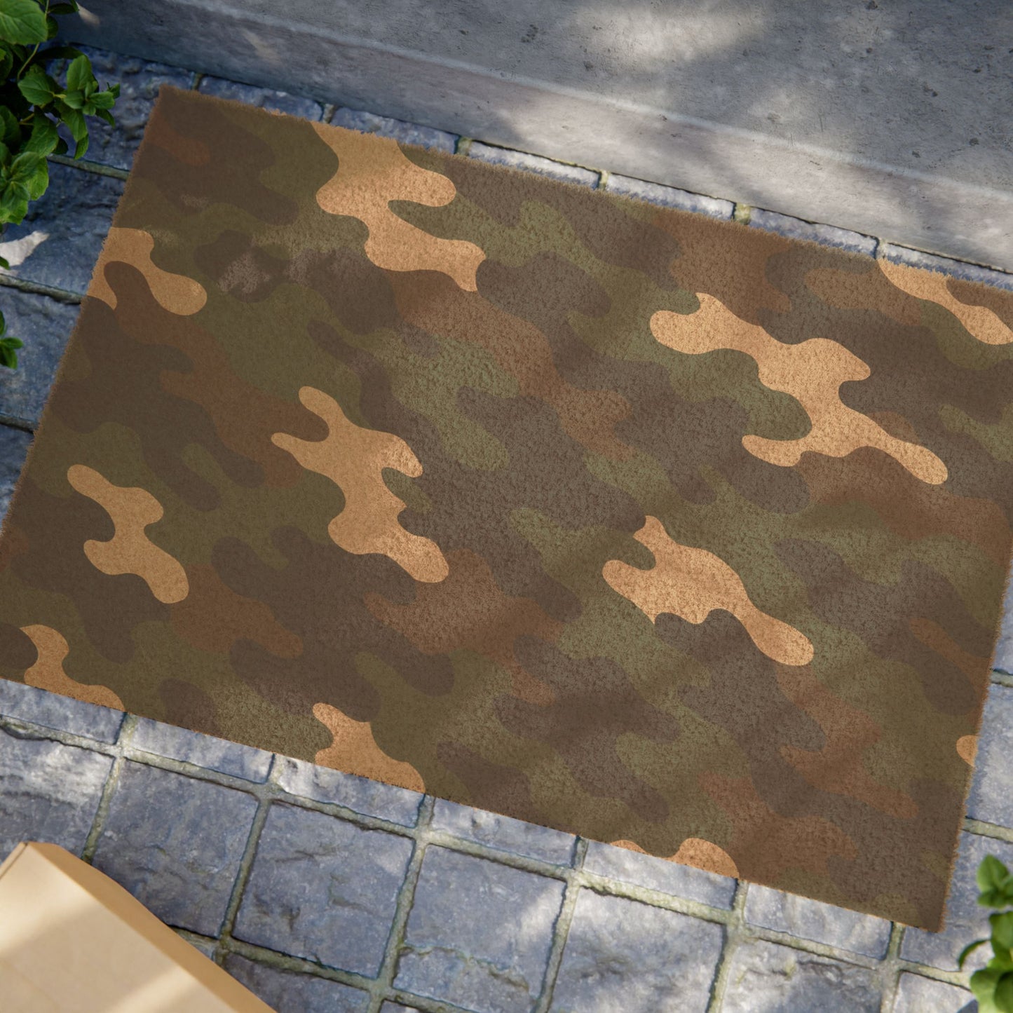 Rustic military-style camo doormat with "Welcome" text, ideal for veterans, made by Printify, designed for outdoor or indoor use.