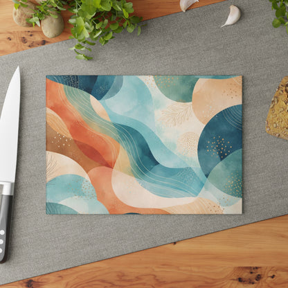Abstract Ocean Waves Glass Cutting Board — Coastal Blue & Coral Decorative Chopping Board