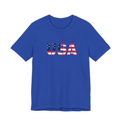 USA Flag Text Tee — Patriotic Fourth of July T-Shirt