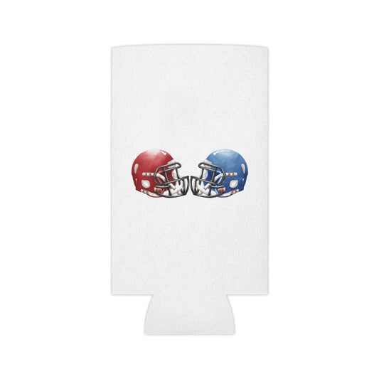 Red and blue football helmet can cooler featuring rivalry design, made by Printify, used as a fun accessories beverage holder.