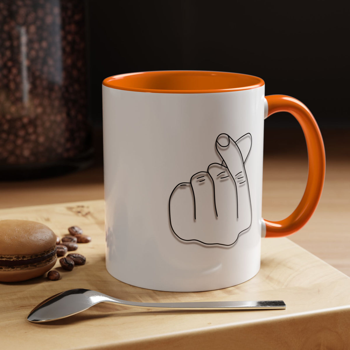 White coffee mug with minimal Korean finger heart accent design, available in 11oz and 15oz sizes, by Printify.
