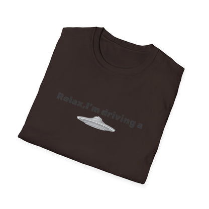 Funny alien graphic T-shirt from Printify featuring a UFO design, perfect for sci-fi fans and casual wear.