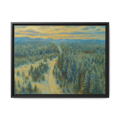 Framed matte canvas print of a serene winter forest landscape, showcasing snow-covered trees and peaceful winter scenery.