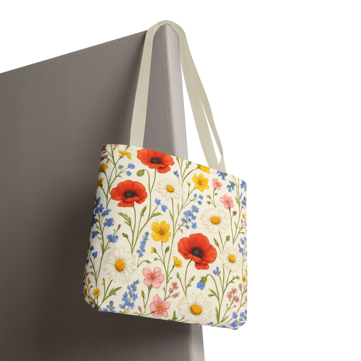 Wildflower Poppy print tote bag featuring a vibrant floral all-over pattern, made by Printify.