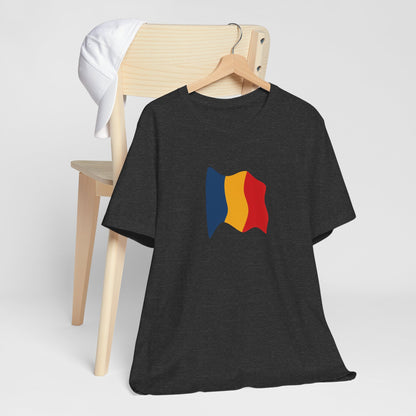 Romania flag T-shirt by Printify with a minimal waving tricolor design, featuring blue, yellow, and red stripes on soft fabric.