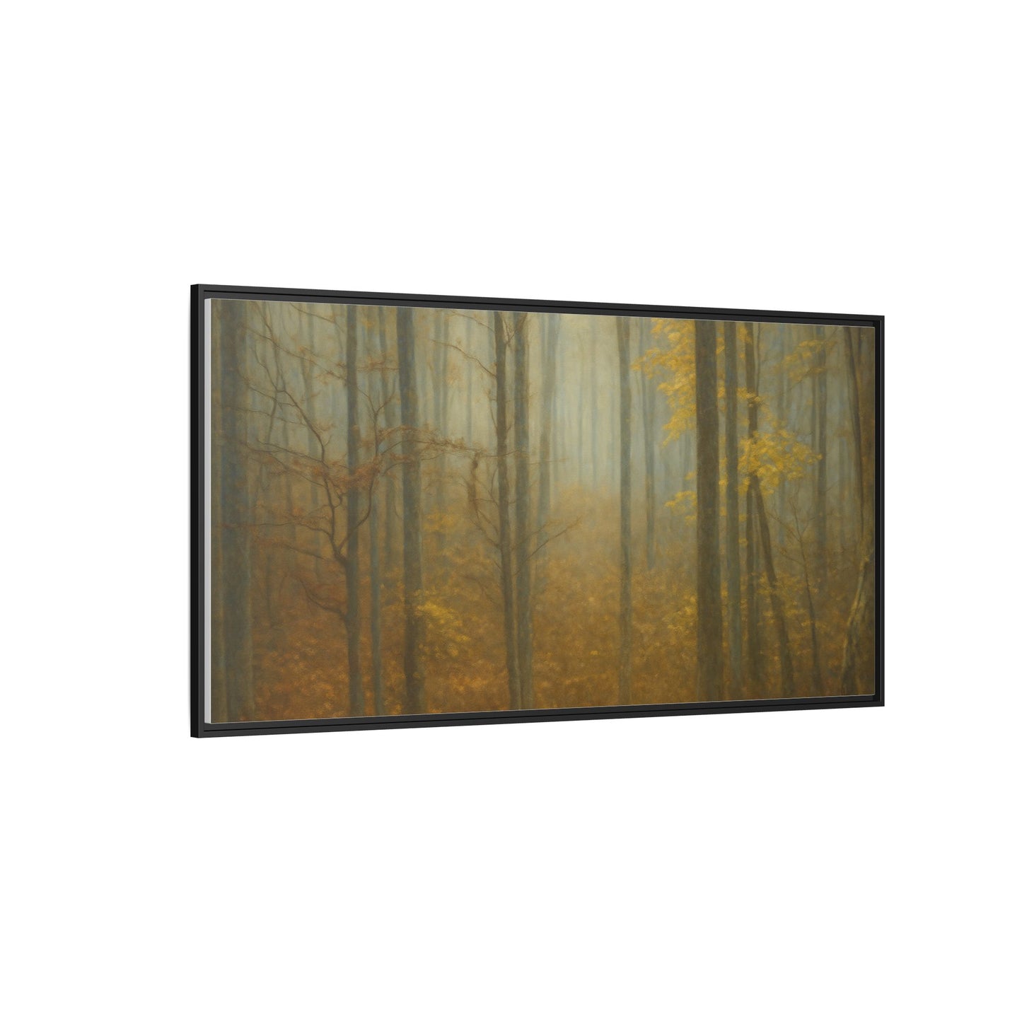 Framed matte canvas wall art of a misty autumn forest scene, featuring trees and fall colors, by Printify.
