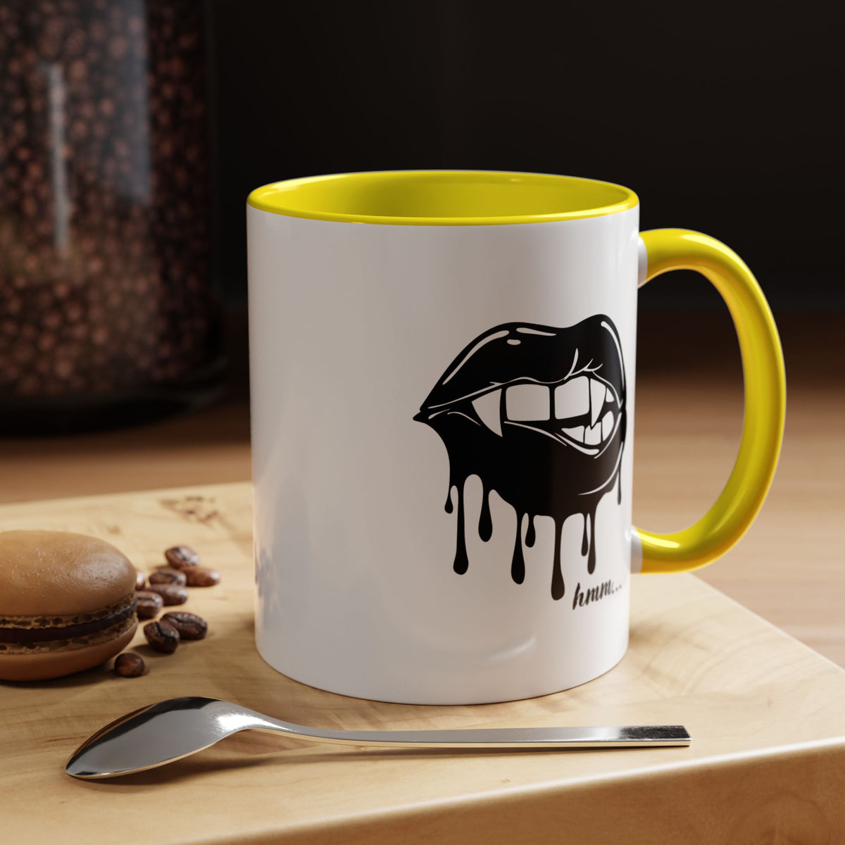 Black Dripping Lips Accent Coffee Mug with Bite graphic, 11oz or 15oz size, featuring bold lip design on a ceramic mug.