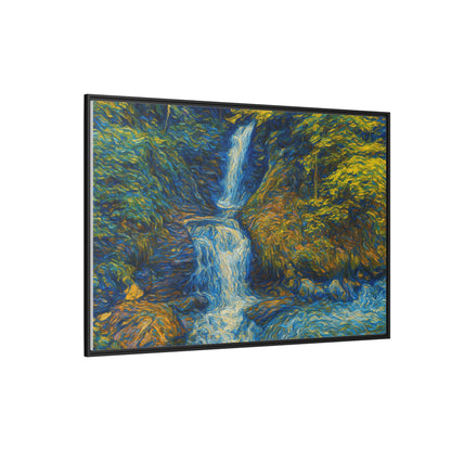 Framed matte canvas print of impressionist waterfall wall art by Printify, featuring vibrant watercolor landscape.