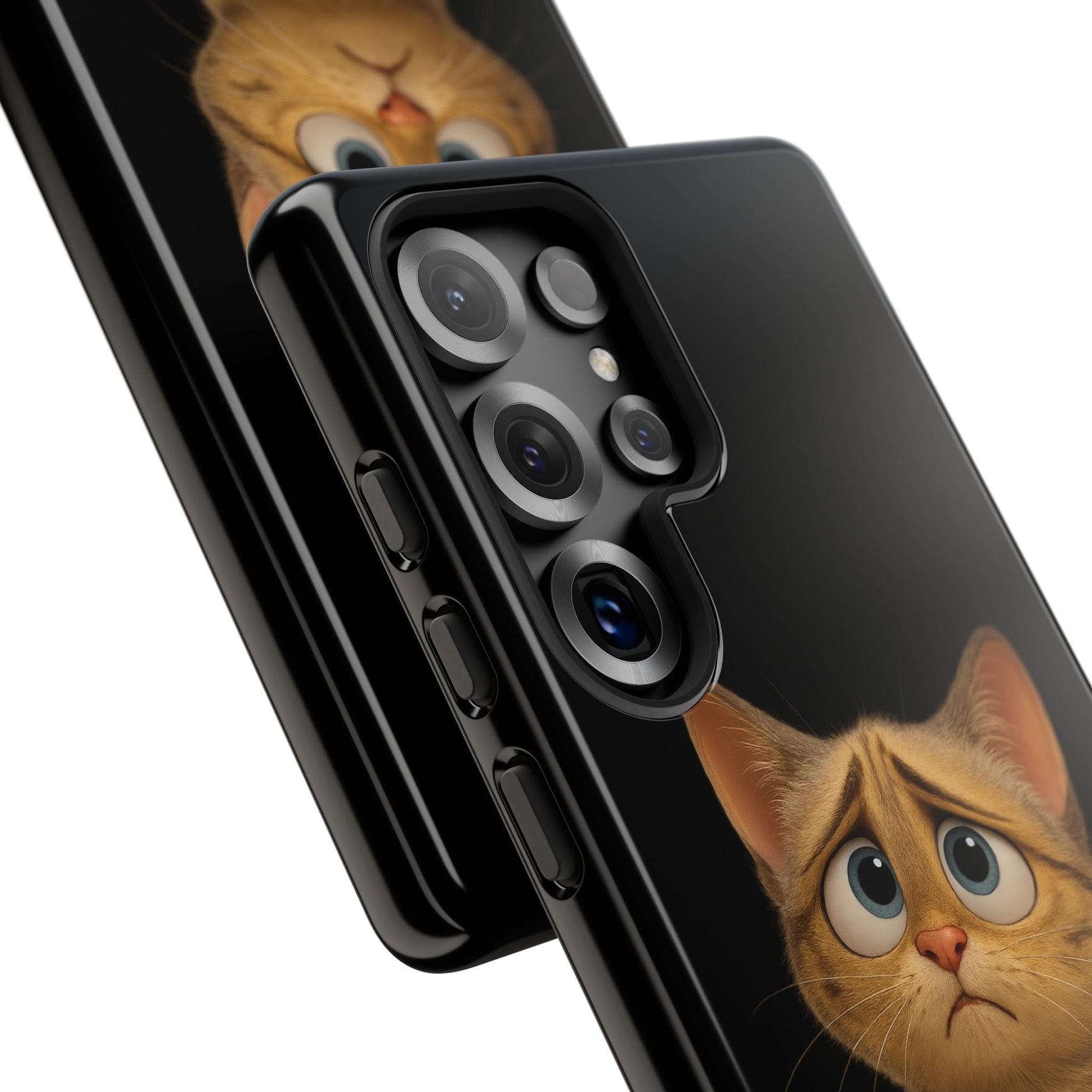 Cute sad kitty design phone case for iPhone, protective Printify cat phone case with adorable feline illustration.