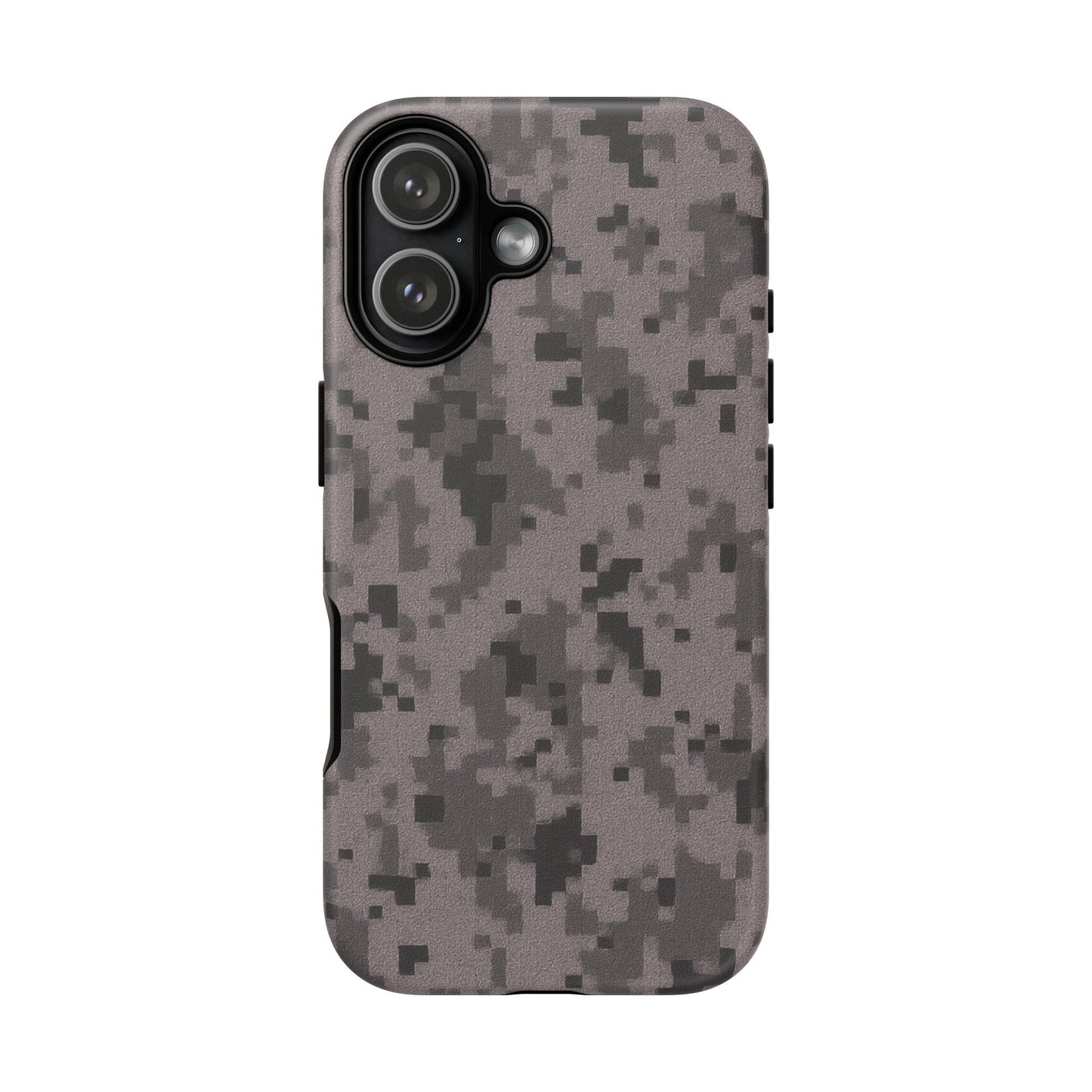 Gray digital camouflage phone case by Printify, tough protective cover for smartphones with a rugged camouflage design.