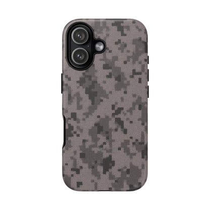 Gray digital camouflage phone case by Printify, tough protective cover for smartphones with a rugged camouflage design.