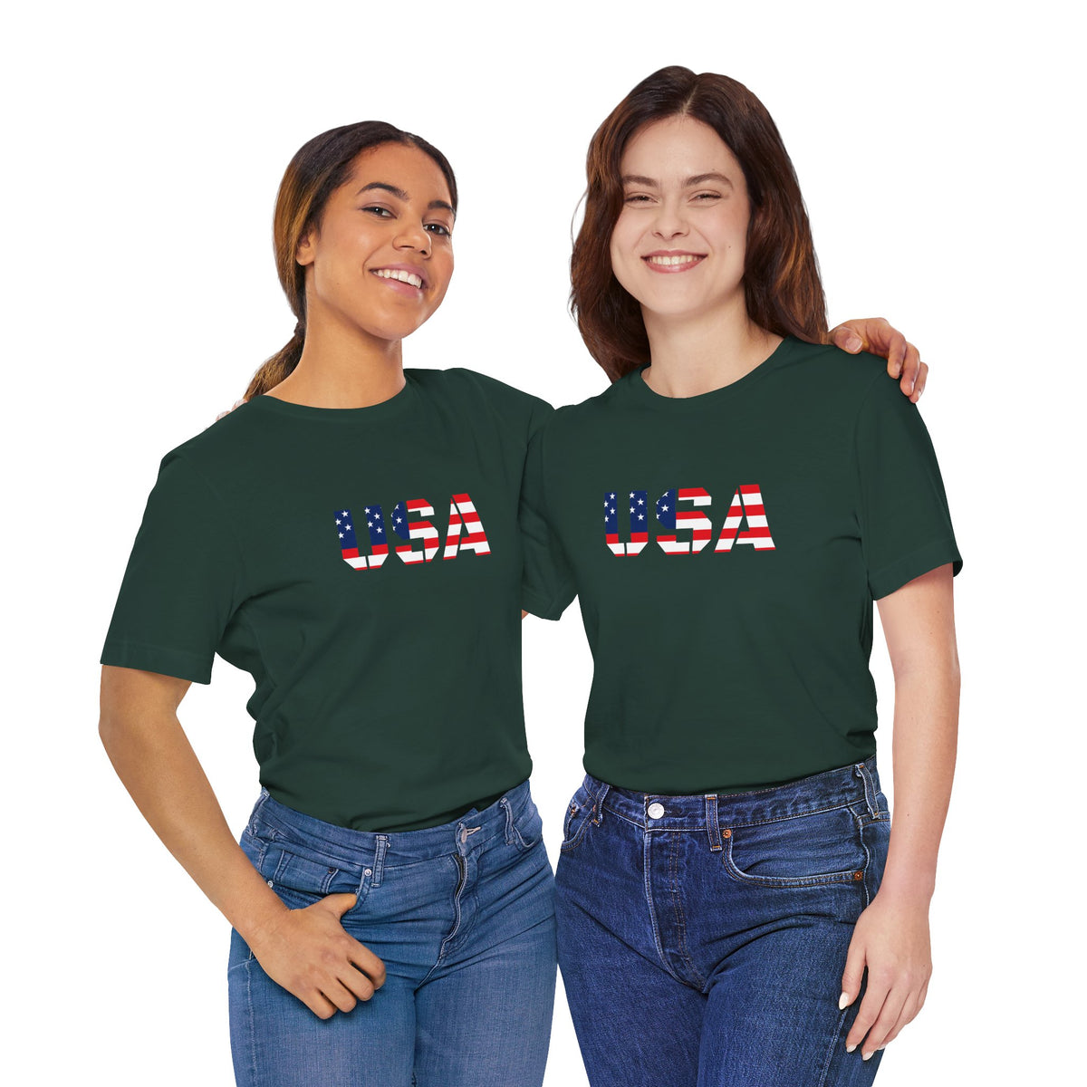 USA flag text T-shirt by Printify featuring patriotic July 4th design, casual cotton T-shirt with red, white, and blue flag graphics.