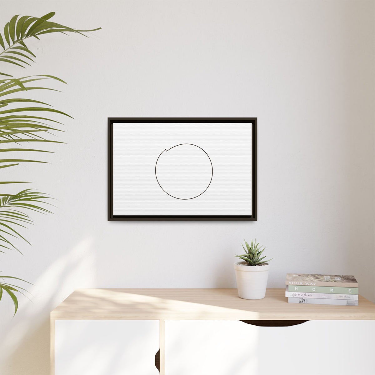 Framed matte canvas wall art featuring a minimal circular line design, by Printify, ideal for modern home decor.