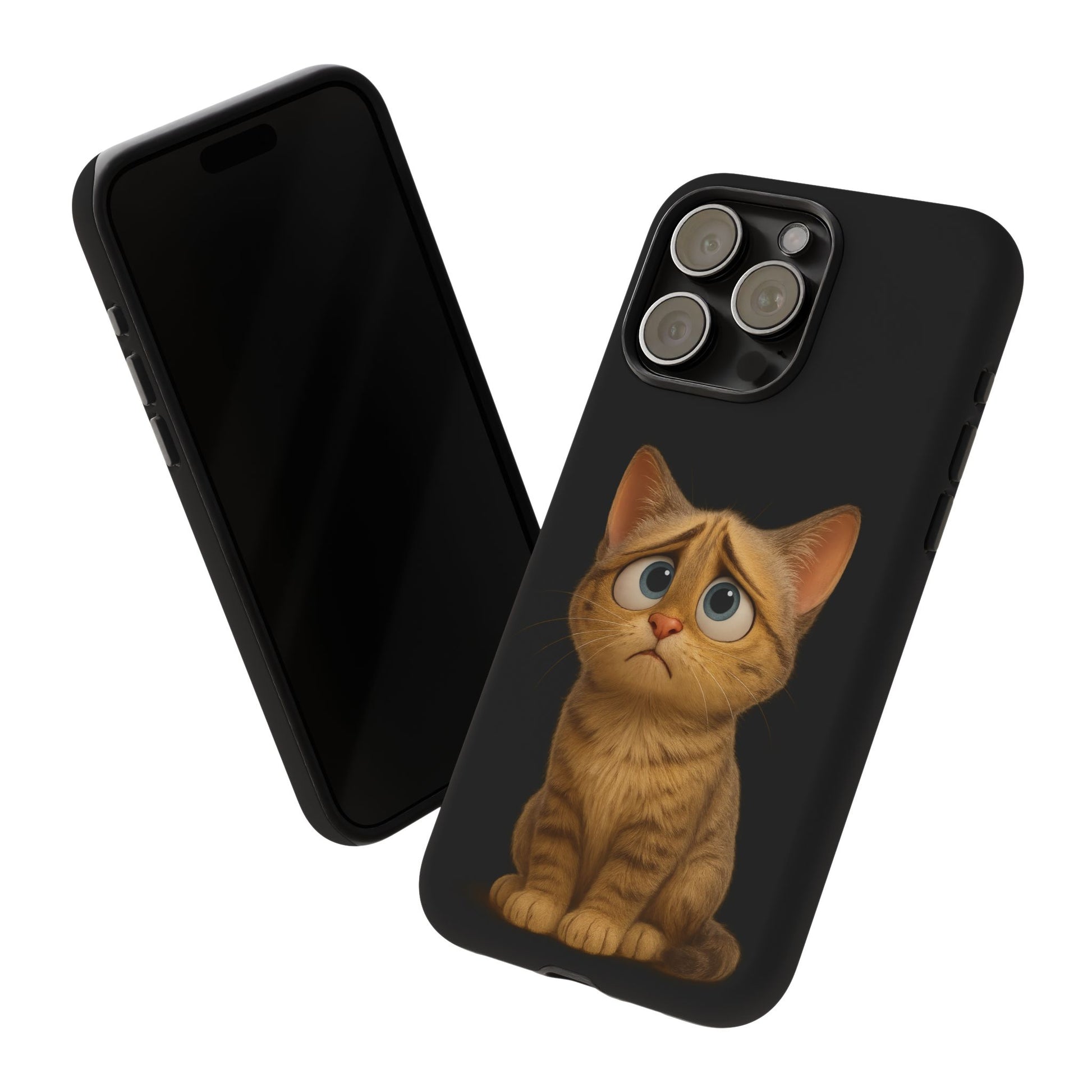 Cute sad kitty cat phone case for iPhone, protective Printify design featuring a sad kitten illustration.