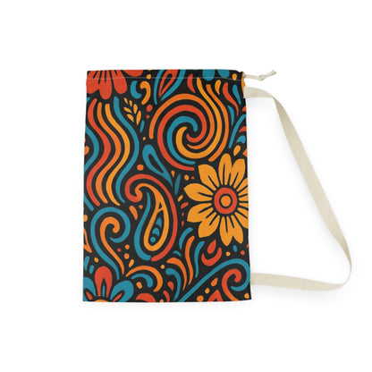 Retro floral swirl laundry bag with boho flower design, drawstring closure, made by Printify for stylish laundry organization.