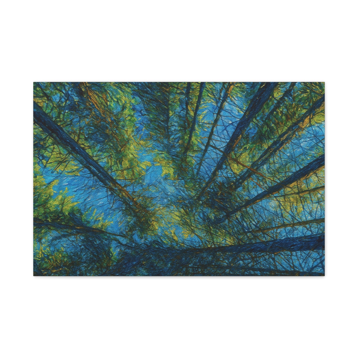 Forest Canopy Matte Canvas Wall Art — Upward View of Trees, Blue & Green Nature Print
