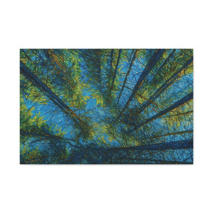 Forest Canopy Matte Canvas Wall Art — Upward View of Trees, Blue & Green Nature Print