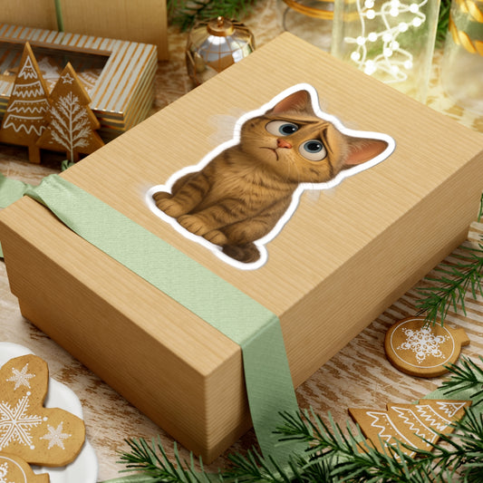 Sad cartoon kitten kiss-cut sticker on paper, featuring a cute kitten design for laptops and phones, by Printify.