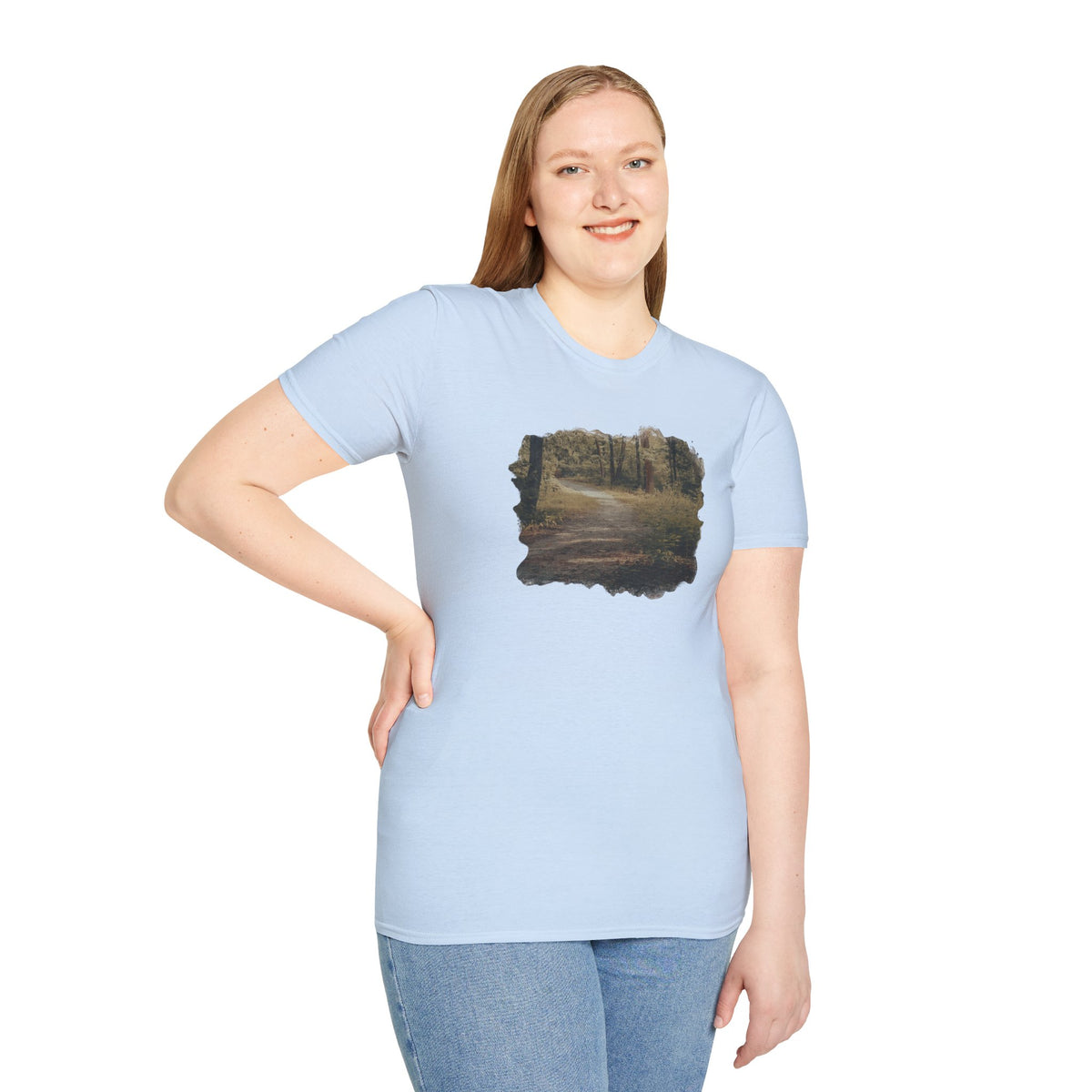 Vintage forest landscape T-shirt by Printify featuring a nature pathway design on soft, comfortable cotton fabric.