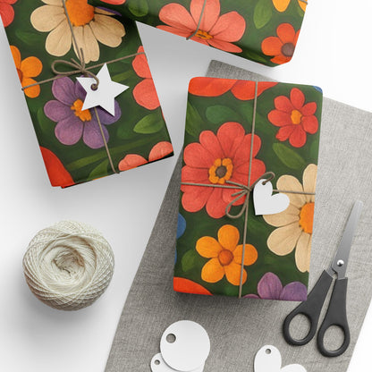 Floral Folk Art Wrapping Paper Roll — Bright Vintage Flower Gift Wrap
