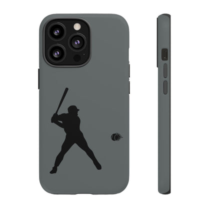 Black baseball silhouette tough phone case for iPhone, protective sporty design by Printify, shows baseball graphic on the back.