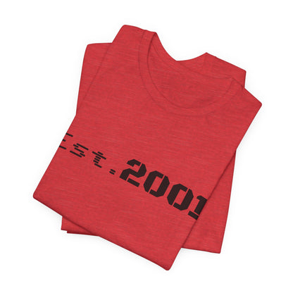 Retro minimalist Est. 2001 graphic T-shirt by Printify featuring simple birth year design on a casual tee.
