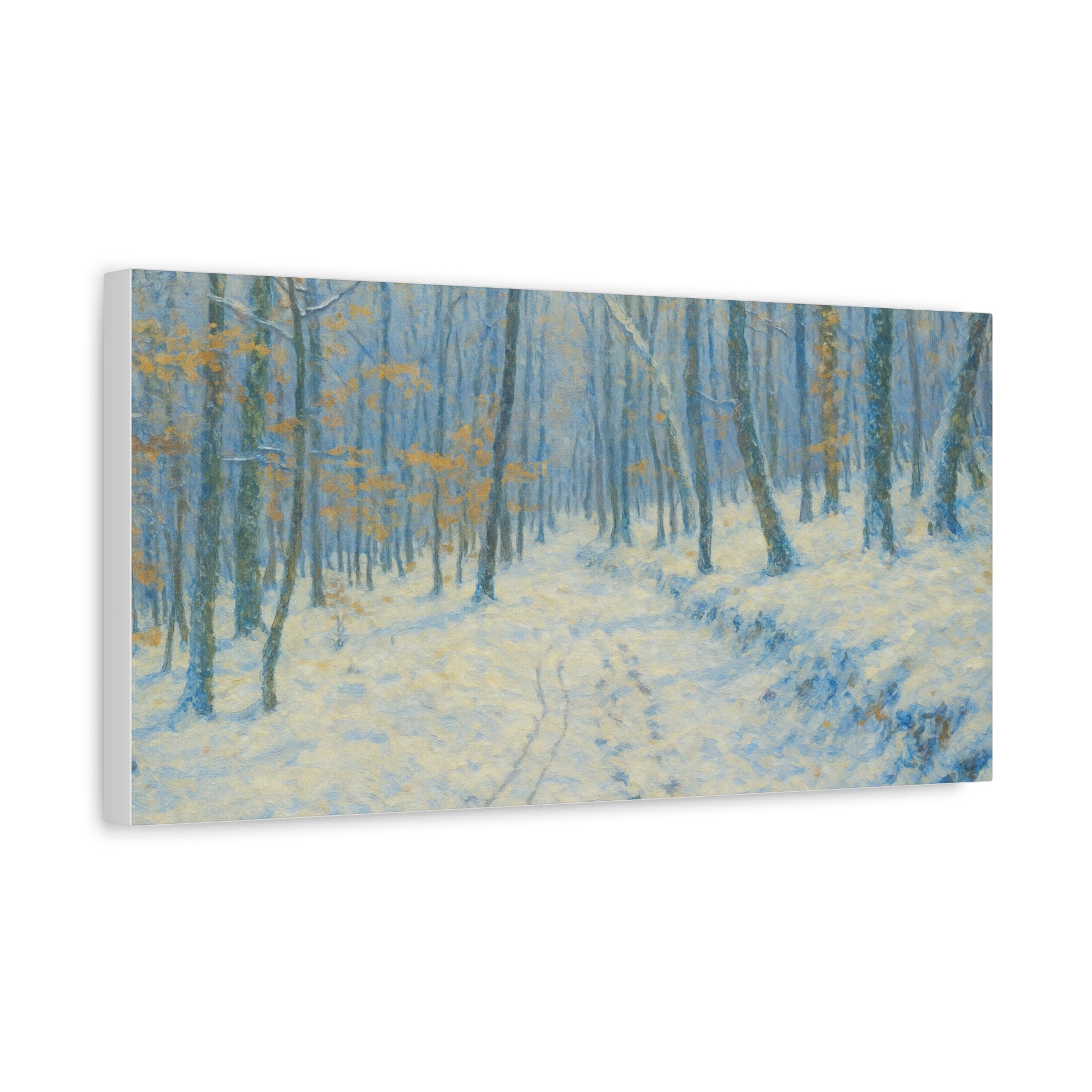 Winter woodland canvas print featuring a snowy forest scene, matte stretched wall art by Printify.