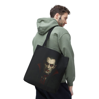 Black vampire tote bag with spooky gothic design, perfect for Halloween accessories, made by Printify.