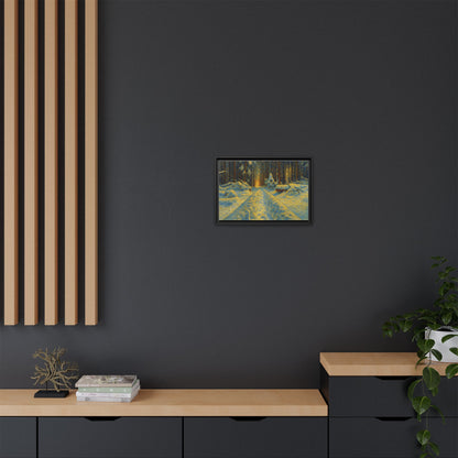 Framed matte canvas print of a snowy forest path at sunset, Wall Art by Printify showcasing nature and winter scene.