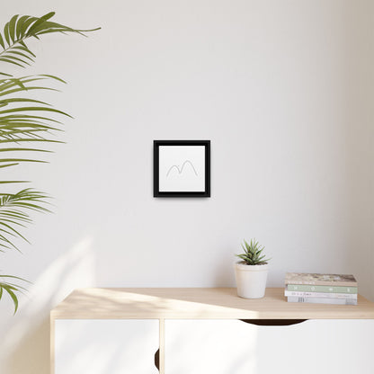 Minimalist mountain line art on framed matte canvas by Printify, featuring simple black mountain outline on white background.