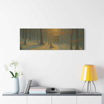 Matte stretched canvas featuring Misty Forest Sunrise art print by Printify, showcasing a serene forest landscape at dawn.