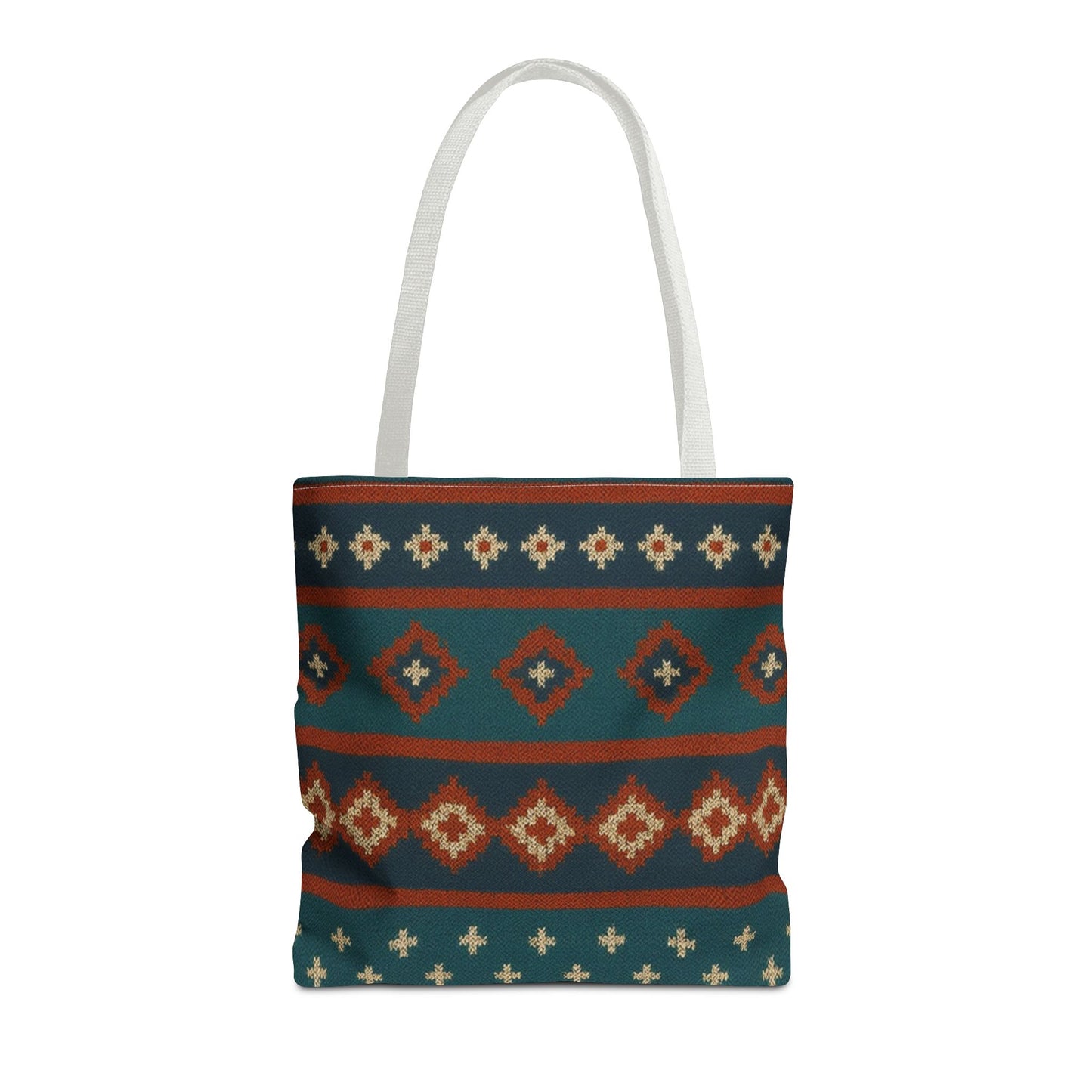 Southwestern diamond pattern tote bag with Aztec tribal geometric print, made by Printify, featuring vibrant fabric and sturdy handles.