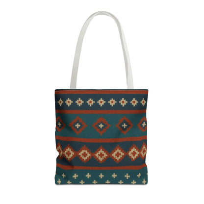 Southwestern diamond pattern tote bag with Aztec tribal geometric print, made by Printify, featuring vibrant fabric and sturdy handles.