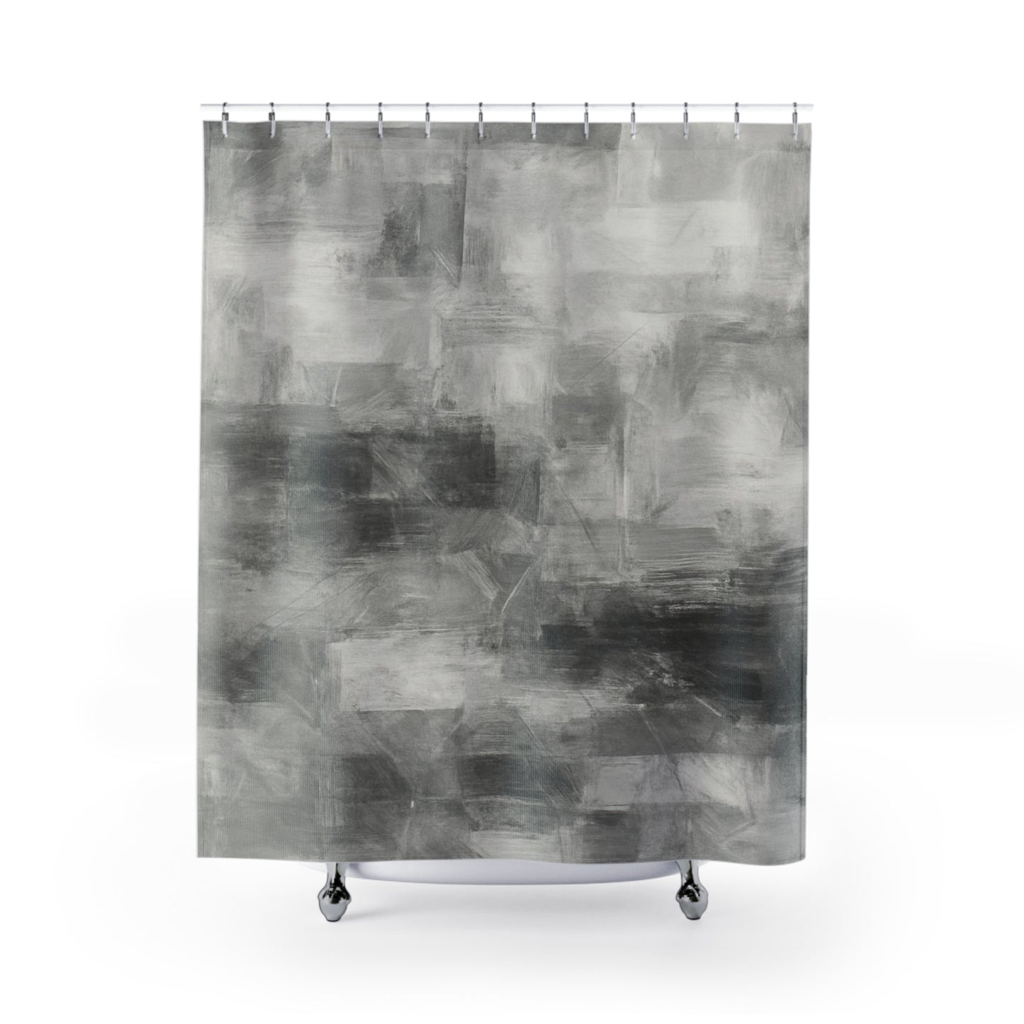Abstract gray shower curtain by Printify featuring modern design, ideal for bathroom decor and housewarming gift.