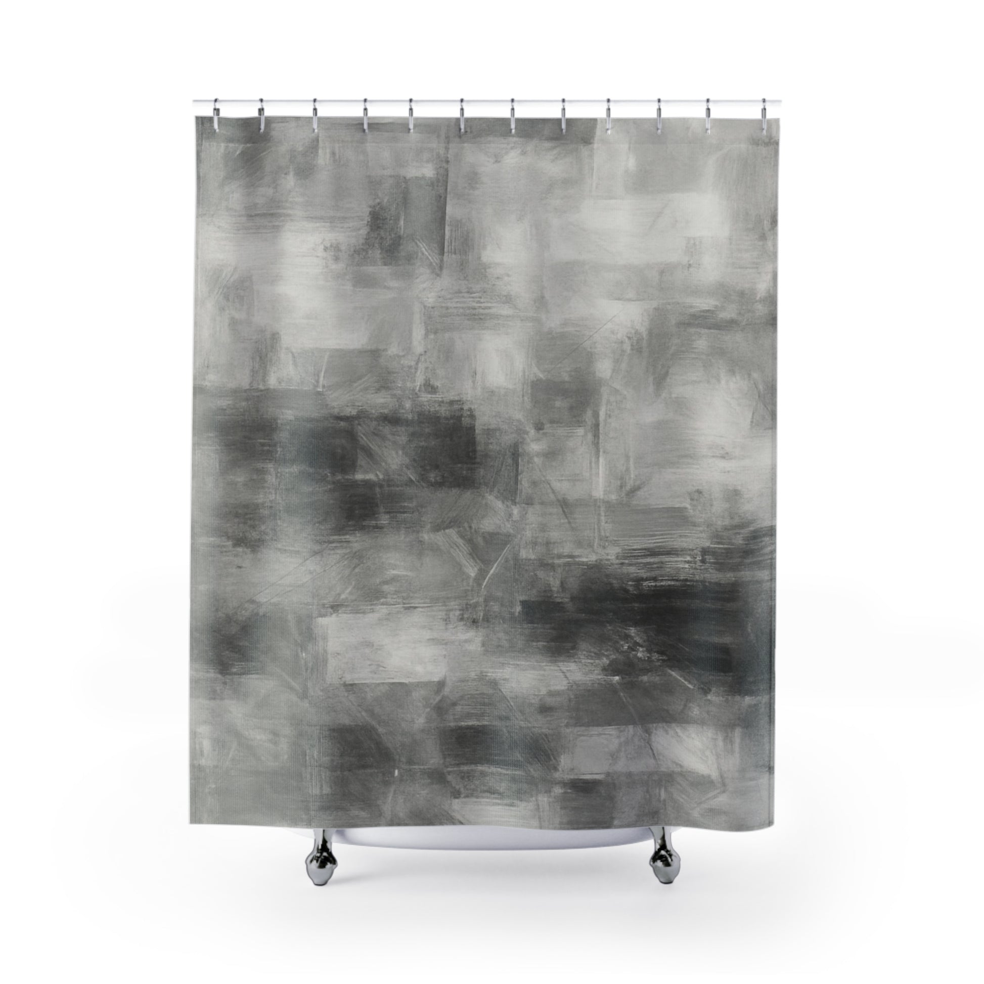 Abstract gray shower curtain by Printify featuring modern design, ideal for bathroom decor and housewarming gift.