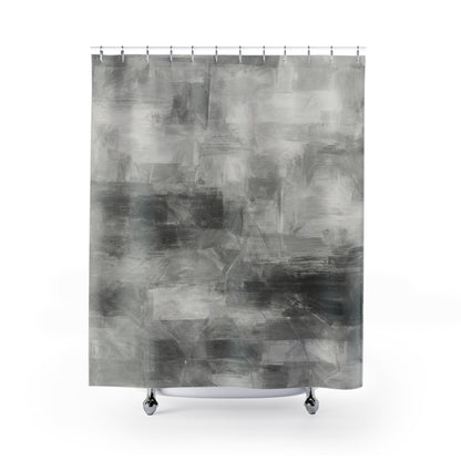 Abstract gray shower curtain by Printify featuring modern design, ideal for bathroom decor and housewarming gift.