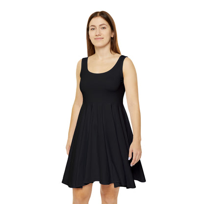 All-over print black women's skater dress featuring a classic A-line sleeveless design, ideal for casual or semi-formal wear.